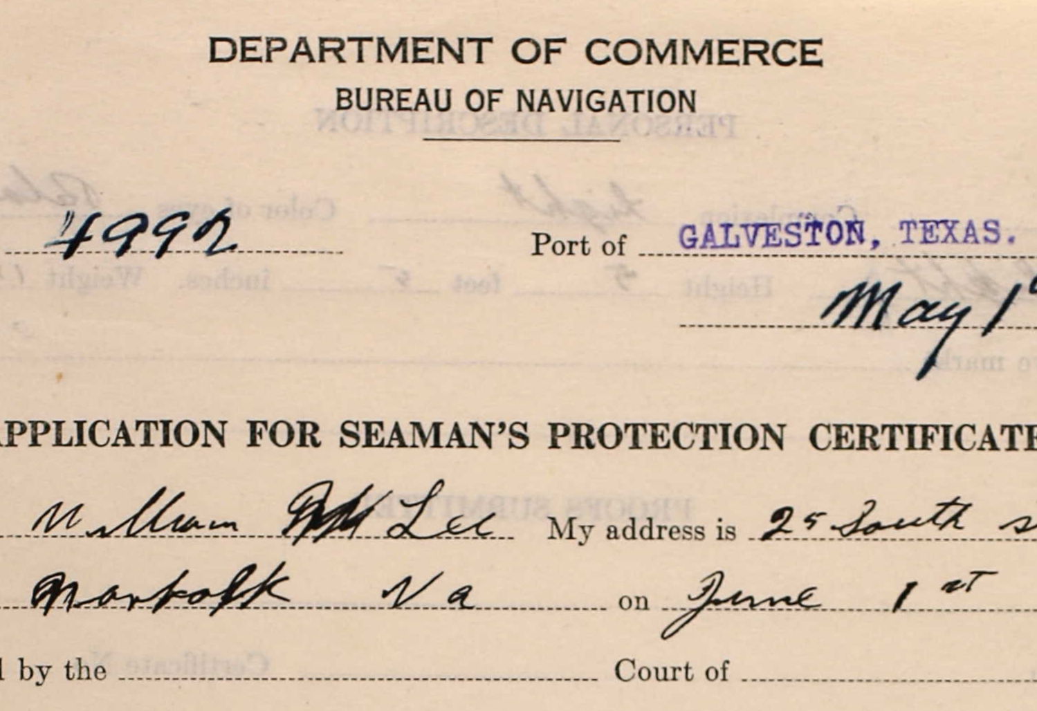 Lee, William W - Seaman's Protection Certificate signed by him - Passport for sailors - Department of Commerce Bureau of Navigation, Galveston, TX on May 1,1936 Lee, William W - Seaman's Protection Certificate signed by him - Passport for sailors - Department of Commerce Bureau of Navigation, Galveston, TX on May 1,1936