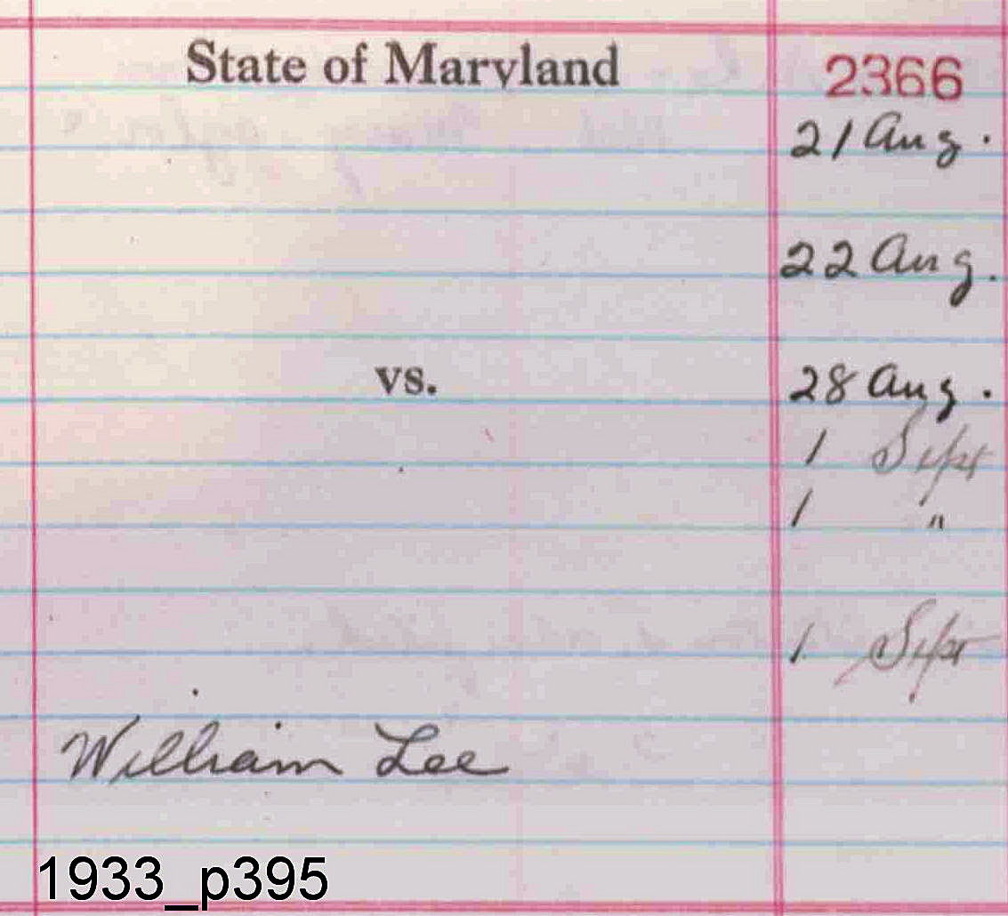 August 18, 1933 - William Lee - Found Guilty of Burglary - Received Six Months in Jail - Criminal Court Docket and Papers - Maryland State Archives C1849 August 18, 1933 - William Lee - Found Guilty of Burglary - Received Six Months in Jail - Criminal Court Docket and Papers - Maryland State Archives C1849