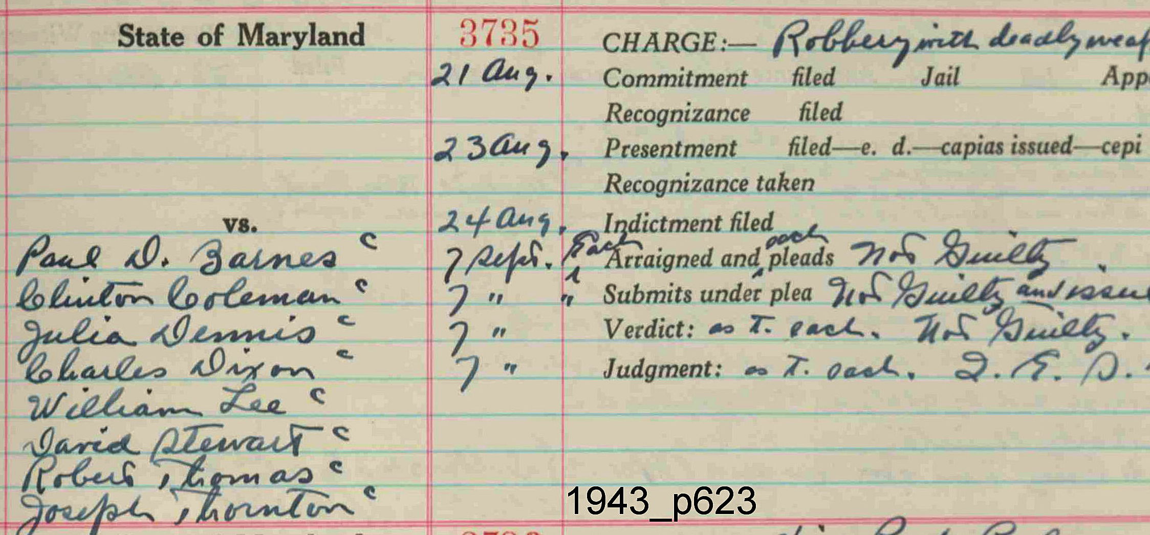 August 23, 1943 - William Lee - Found Not Guilty of Robbery - Criminal Court Docket - Maryland State Archives C1849 August 23, 1943 - William Lee - Found Not Guilty of Robbery - Criminal Court Docket - Maryland State Archives C1849