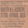 Newspaper article about the death of Mayor Bert E. Rudolph from the Courier-Post, Camden, NJ, Monday, May 13, 1940